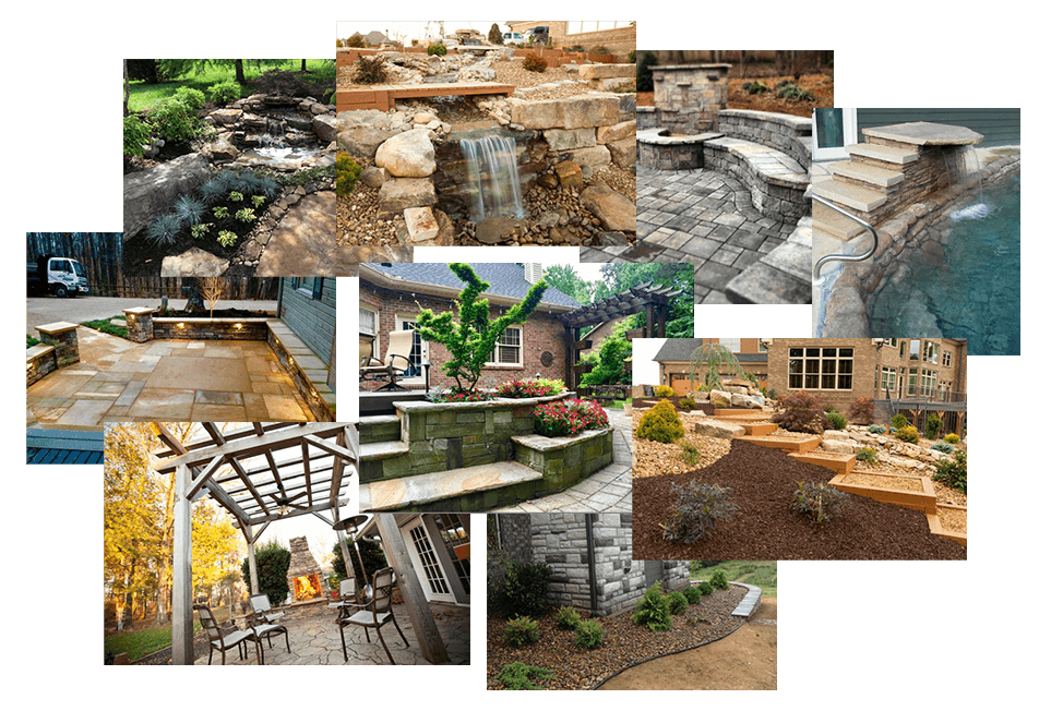 Collage of landscaping, hardscapes, fire features, water features